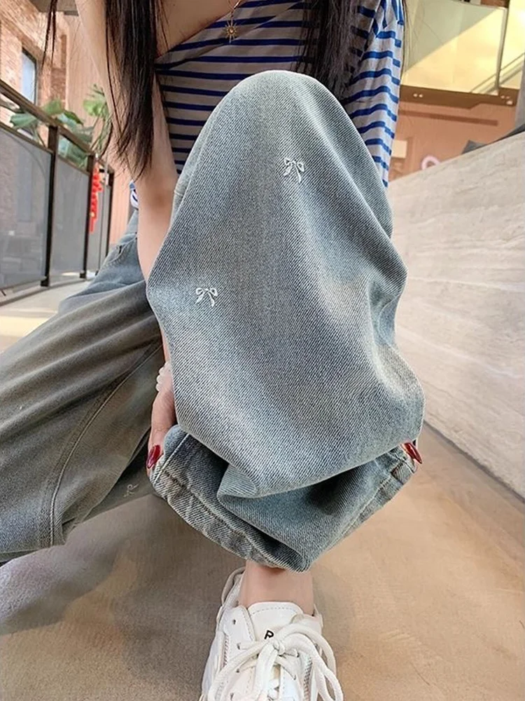 

High Waist Straight Leg Blue Embroidered Jeans Women's Spring Autumn plus Size Loose Wide Leg Pants Pear Shape Body Slimming