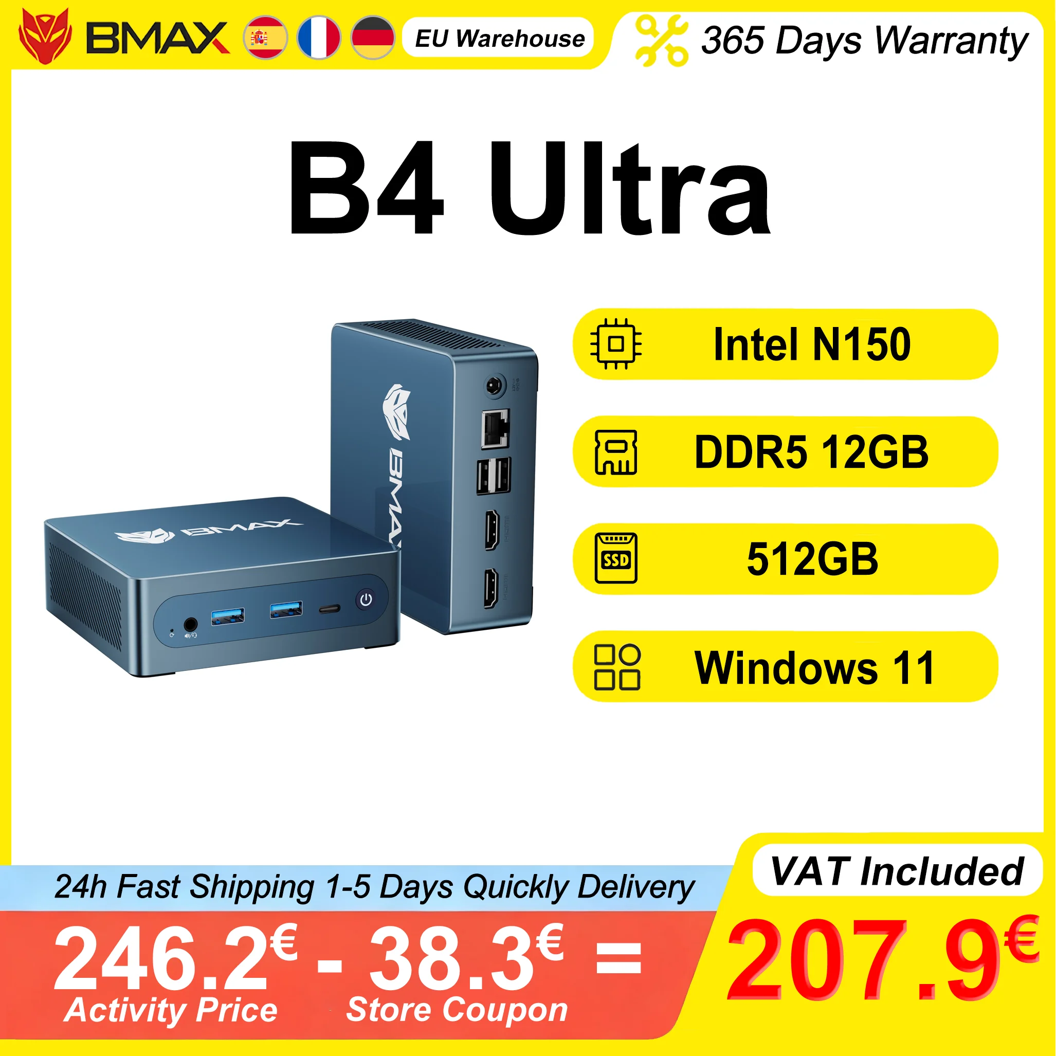Mini PC BMAX B4 Ultra, LPDDR5 12GB RAM, 512GB ROM, Intel N150, Windows 11, 1 Puerto Tipo-C, 2 Puertos HDMI, Compatible con Gráficos Intel 1000MHz