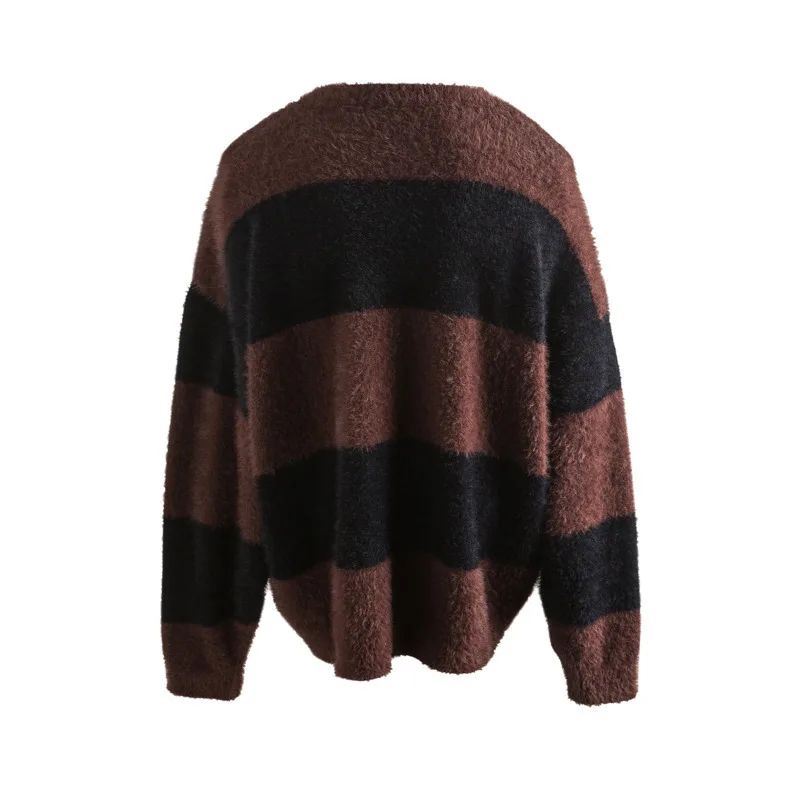 PFHQ Imitation Mink Striped Men Pullover Sweater 2024 Autumn Winter Round Neck Contrast Color Korea Fashion Male Tops 21Z6915