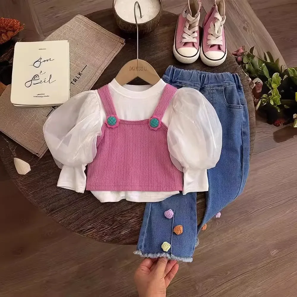 

Autumn New Korean Version Fashion Girls' Clothes Bubble Sleeve Bottom Shirt+Strap Tank Top+Jeans Three Piece Set