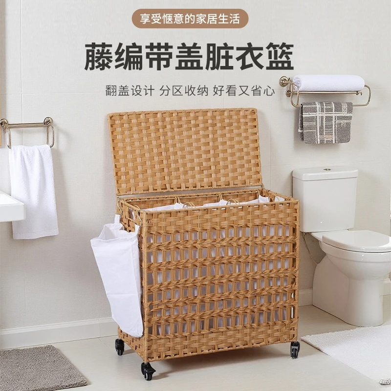 

Spot rattan woven with cover dirty clothes storage basket foldable laundry basket with pulley laundry hand woven basket