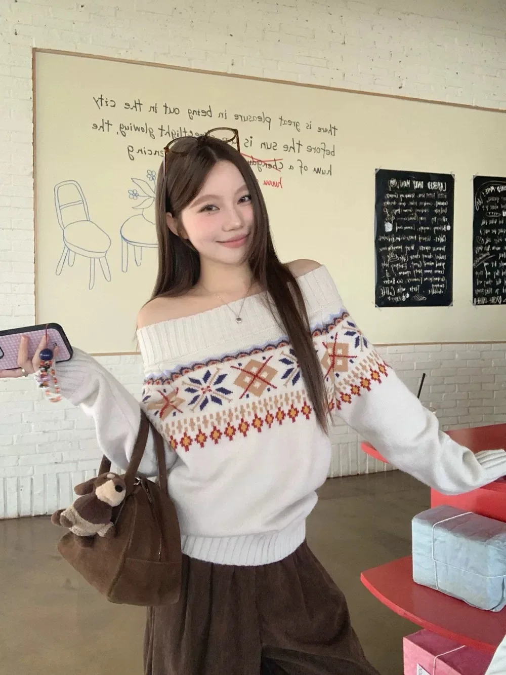 

Retro Floral Embroidery One-oulder Sweater Women's Autumn Winter Loose Fit Lazy Sle oulder Bared Long Sve Top