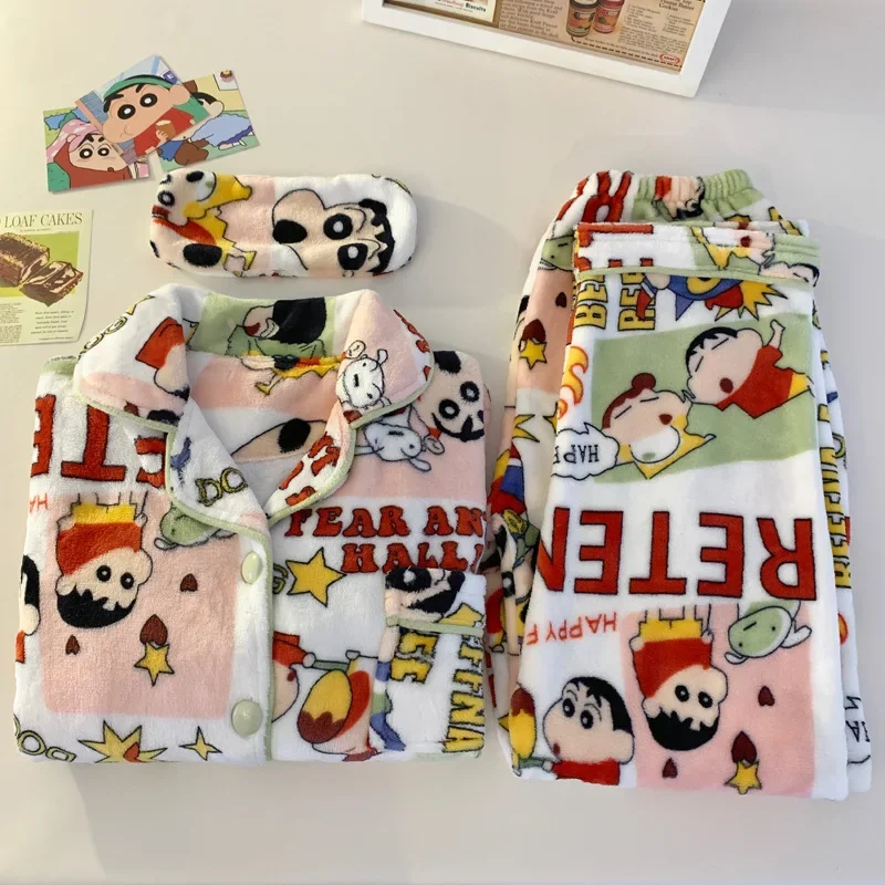 Crayon nuevo pijamas de franela para mujer Otoño Invierno grueso cálido traje para casa dibujos animados lindo estampado cárdigan de manga larga camisones