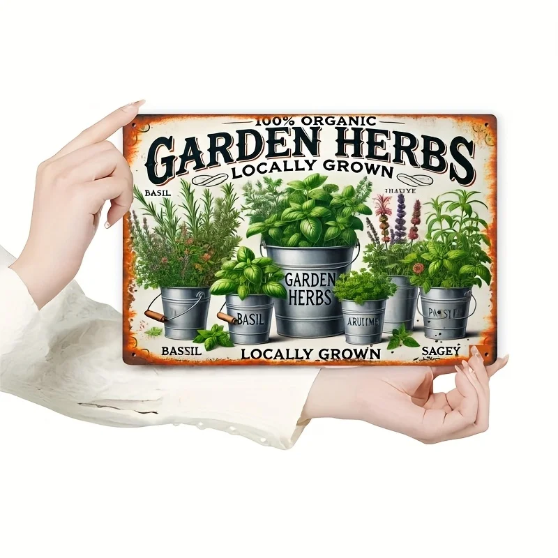Vintage Herbal Bucket Metal Sign - Rustic Farmhouse Wall Art with Garden Herbs Design, Perfect for Kitchen, Cafe, Restaurant, or