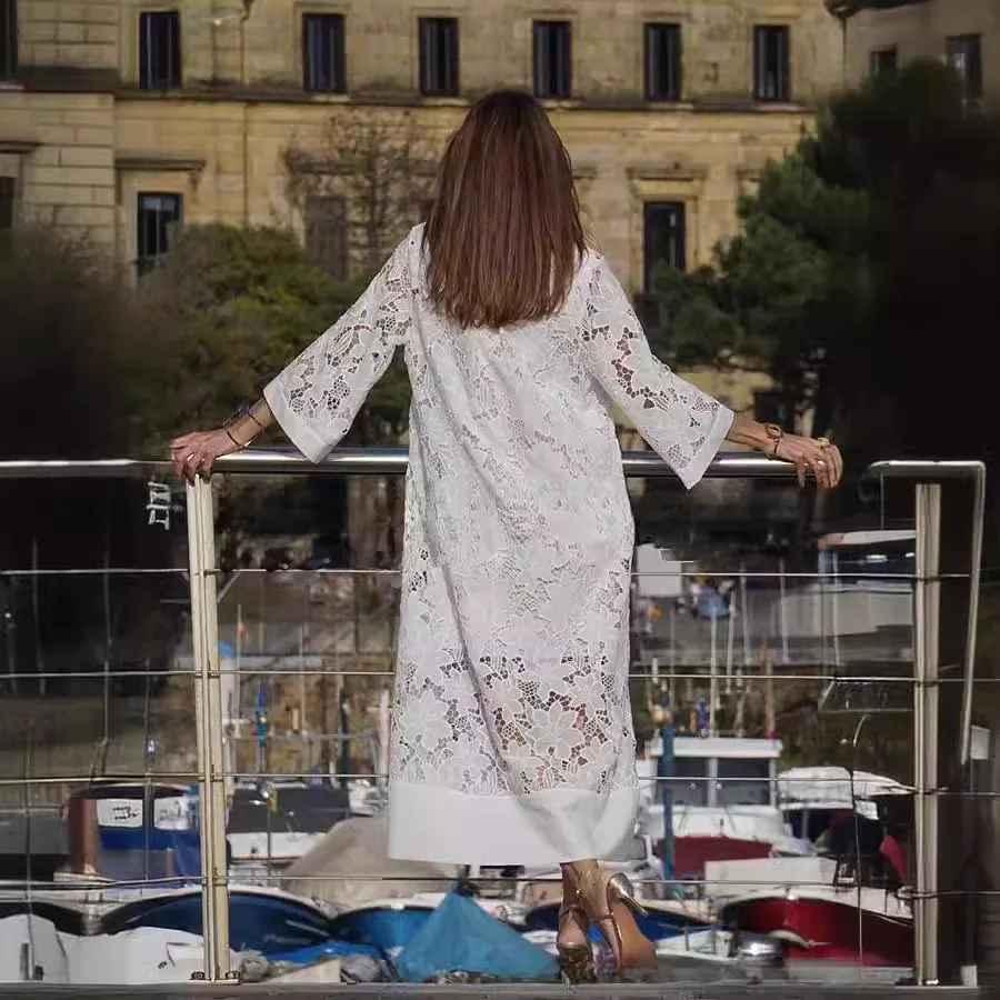 Mulheres rendas de seda solta longo vestido de cor sólida oco solto maxi vestido verão cor sólida