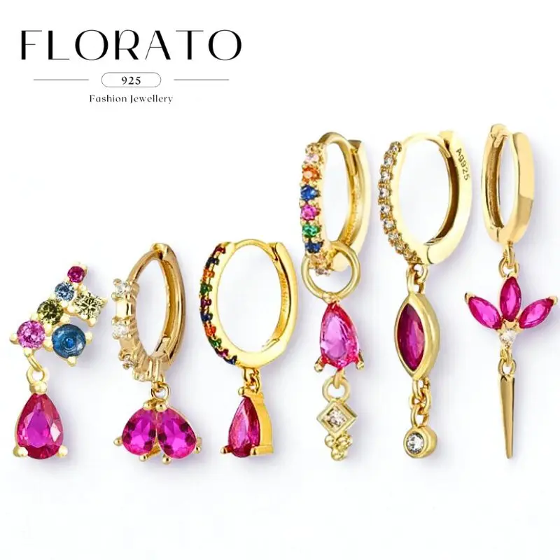 

WOMEN 925 Silver Needle Water Drop Zircon Rose red Zircon Crystal Flowers Pendant Hoop Earrings Fashion Wedding Jewelry gifts