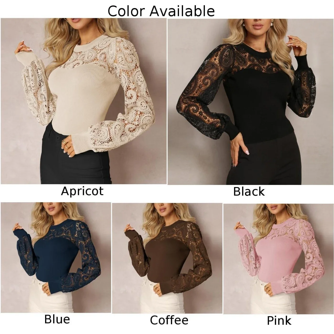 ชุดลําลองผู้หญิง Splicing ลูกไม้ T เสื้อสําหรับฤดูใบไม้ผลิแฟชั่นรอบคอออกแบบยืดเล็กน้อยสีทึบรูปแบบ