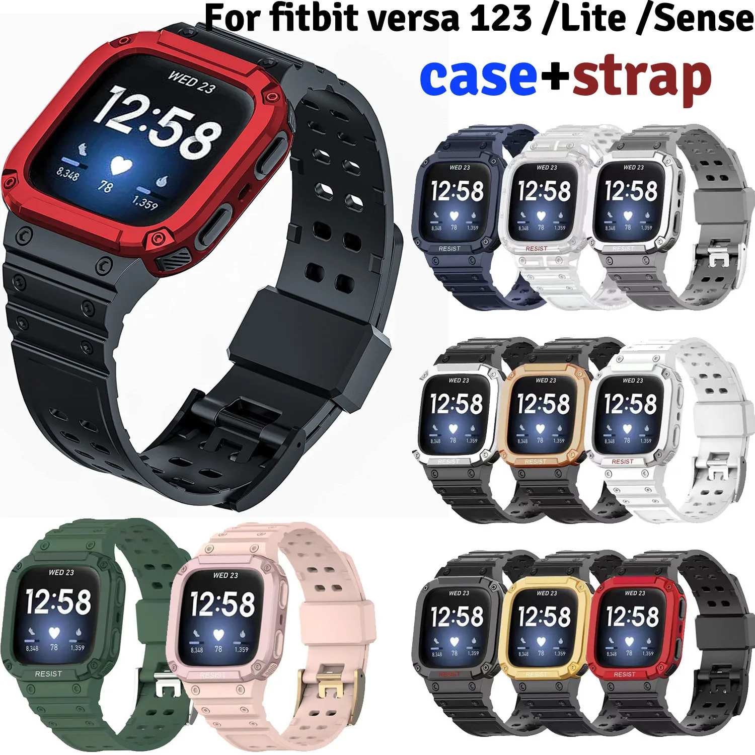 Replacement TPU Watch Strap with Case Cover for Fitbit Versa 3 2 1 Lite Sense Sport Rubber Wrist Watch Band Bracelet
