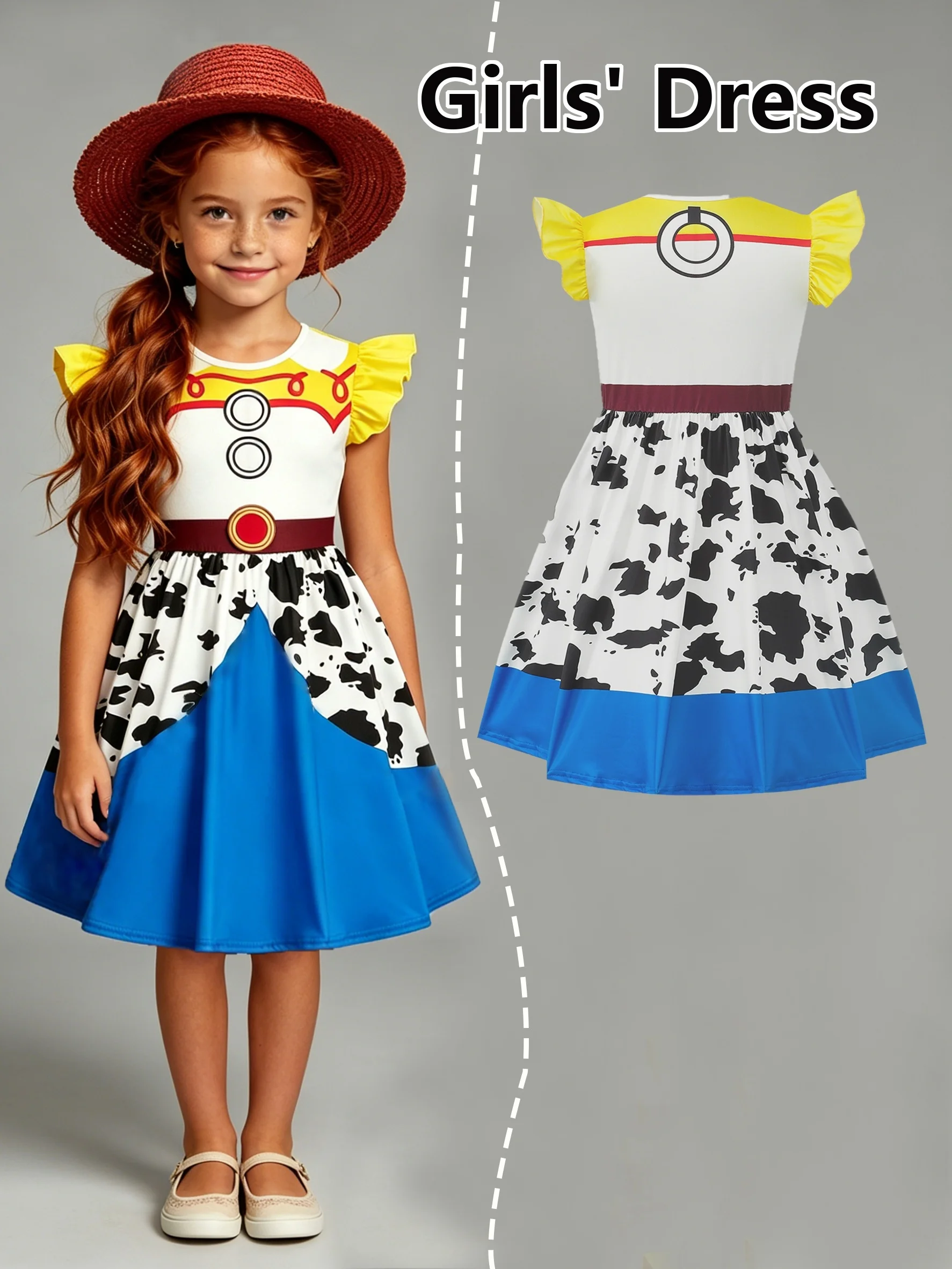 Girls' Summer Denim-Style Printed Dress, Girls' Princess Dress with Small Flutter Sleeves, Perfect for Vacation, Stage, Party, and Everyday Wear, Suitable for Girls Aged 3-10