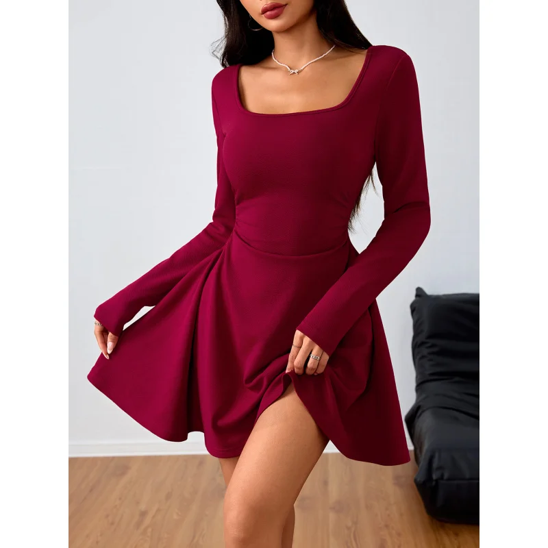 

Autumn Winter New Women's Fashion Square Neck Elegant Dress High Waist Design Sense Wine Red Short Dress