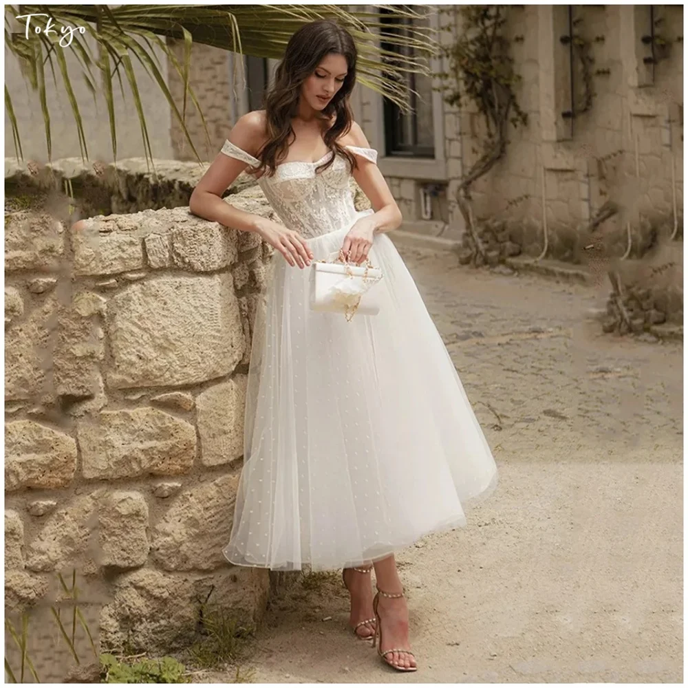 Tokyo Customized Off-the-shoulder Lace corset Tulle Midi Dresses Prom dress A-line Romantic Vintag floral Wedding dresses 2026