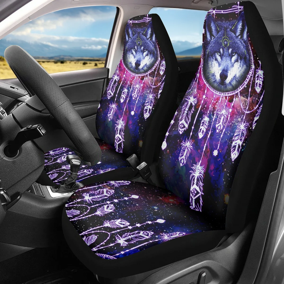 Tribal Navajo Dream Catcher Wolf Design Auto Front Seat Cover Set Slip-Resistant Easy to Install Car Seat Cover Car Accessories