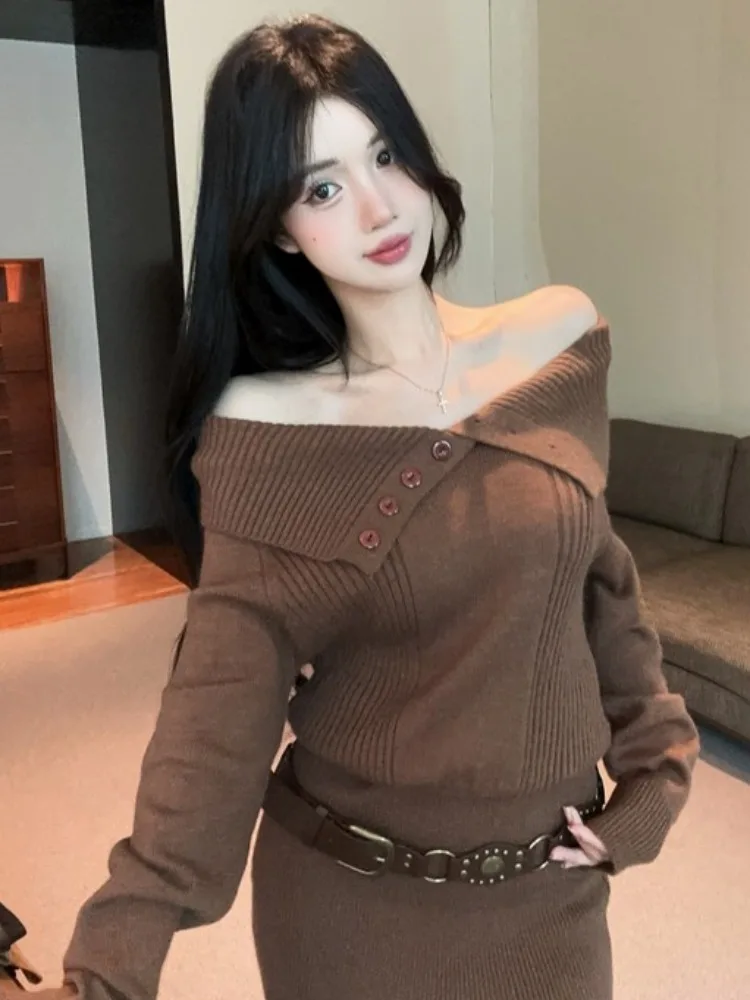 

Sexy Knitted One-Shoulder Wrap Dress with Belt High Waist A-Line Skirt Long Sleeve Autumn Winter Women's Fashion Commute Wear