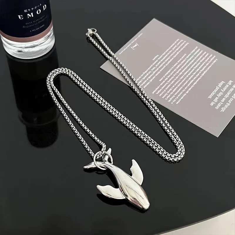 Trend Whale Pendant Necklace for Men Women Stainless Steel Exquisite Small Whale Cold Wind Long Sweater Chain Hip-pop Jewelry