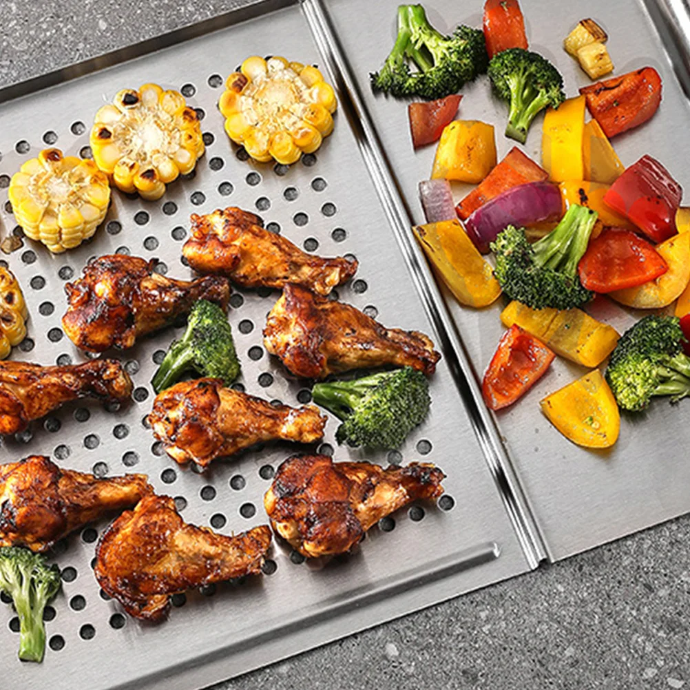 

Non-Stick Square Stainless Steel Grill Plate Barbecue Tray 2-in-1 Outdoor Indoor Grill Pan for Vegetable Meat Seafood