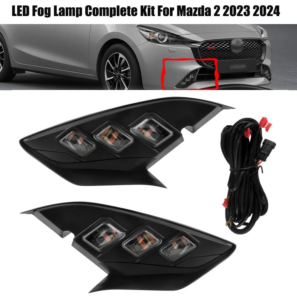 LED Fog Lamp Complete Kit For Mazda 2 2023 2024 Car Bumper Fog Light Cover Grille Wiring Harness Relay Control Switch Full Set