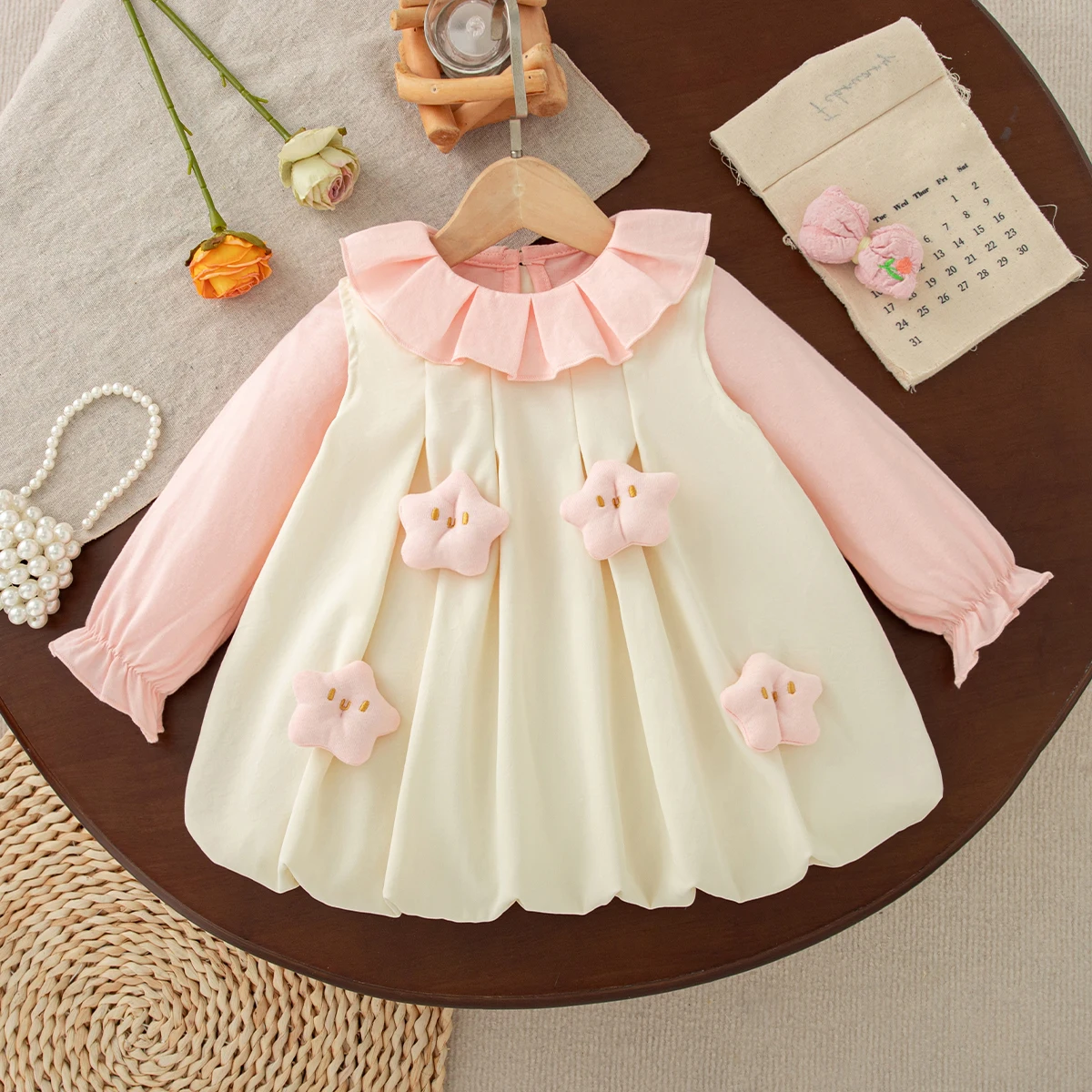 Spring Fall Toddler Girl Cute Set Ruffle Collar Long Sleeve Tops and 3D Star Decor Sleeveless Dress 2Pcs Infant Casual Clothes