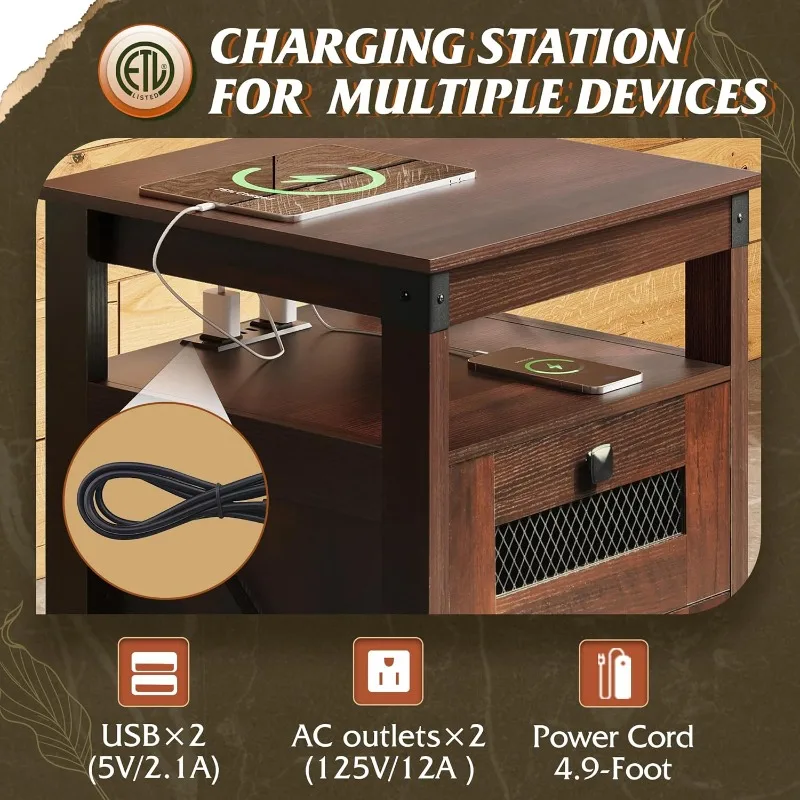 Table with Charging Station, Farmhouse End Table, Bed Side Table with 2 Mesh Drawers Storage & Open Shelf, Rustic Woo