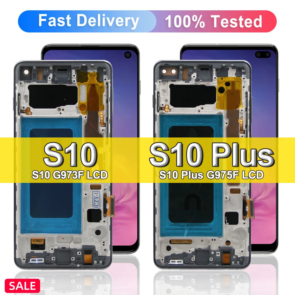 ЖК-дисплей с рамкой для Samsung Galaxy S10 Plus G975 G975F, цифровой сенсорный экран в сборе для Samsung Galaxy S10, G973F