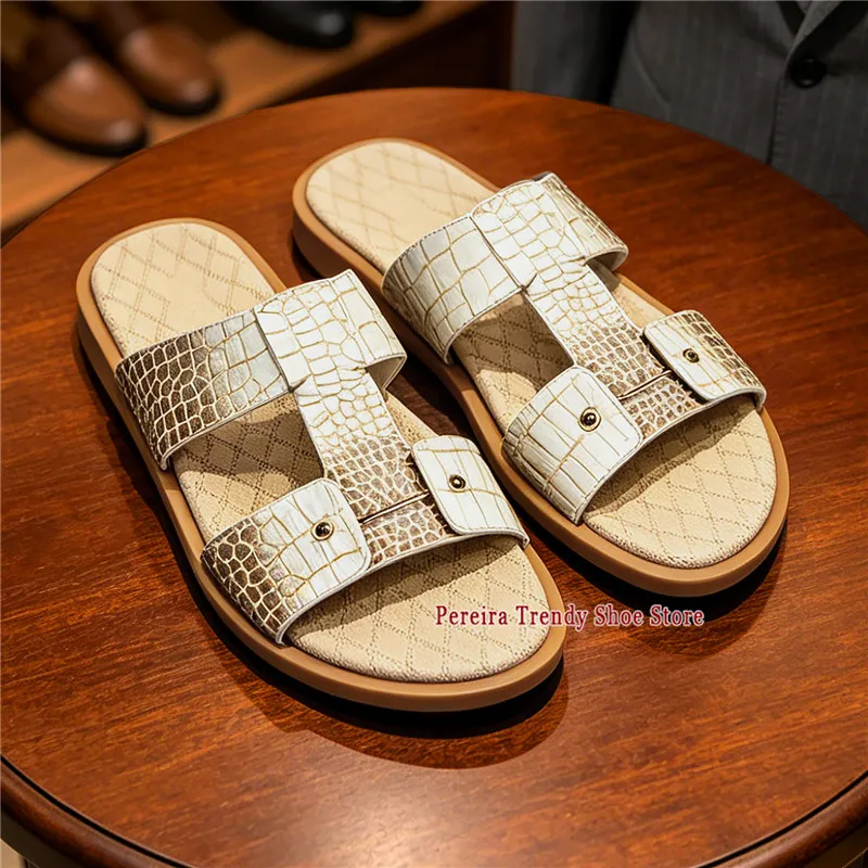 Luxury Gold Cowhide Slippers for Men British Crocodile Pattern Embossed Round Toe Casual Flats Summer Beach Shoes Large Size