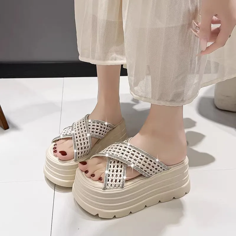 

XMWRLW Women Summer Slippers Platform Shoes Fashion Thick Sole 8cm Female Summer Shoes Slippers Fashion Rhinestone Women Shoe