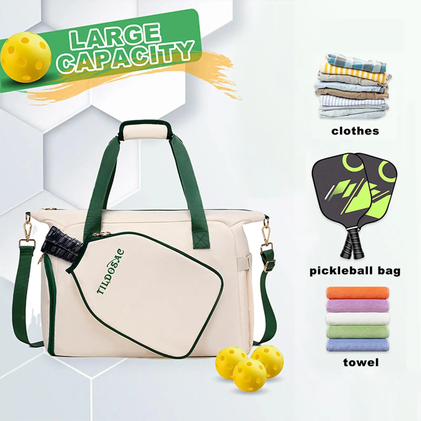 

Pickleball Racket Bag with Shoulder Strap Multipurpose with Shoe Compartment White Green