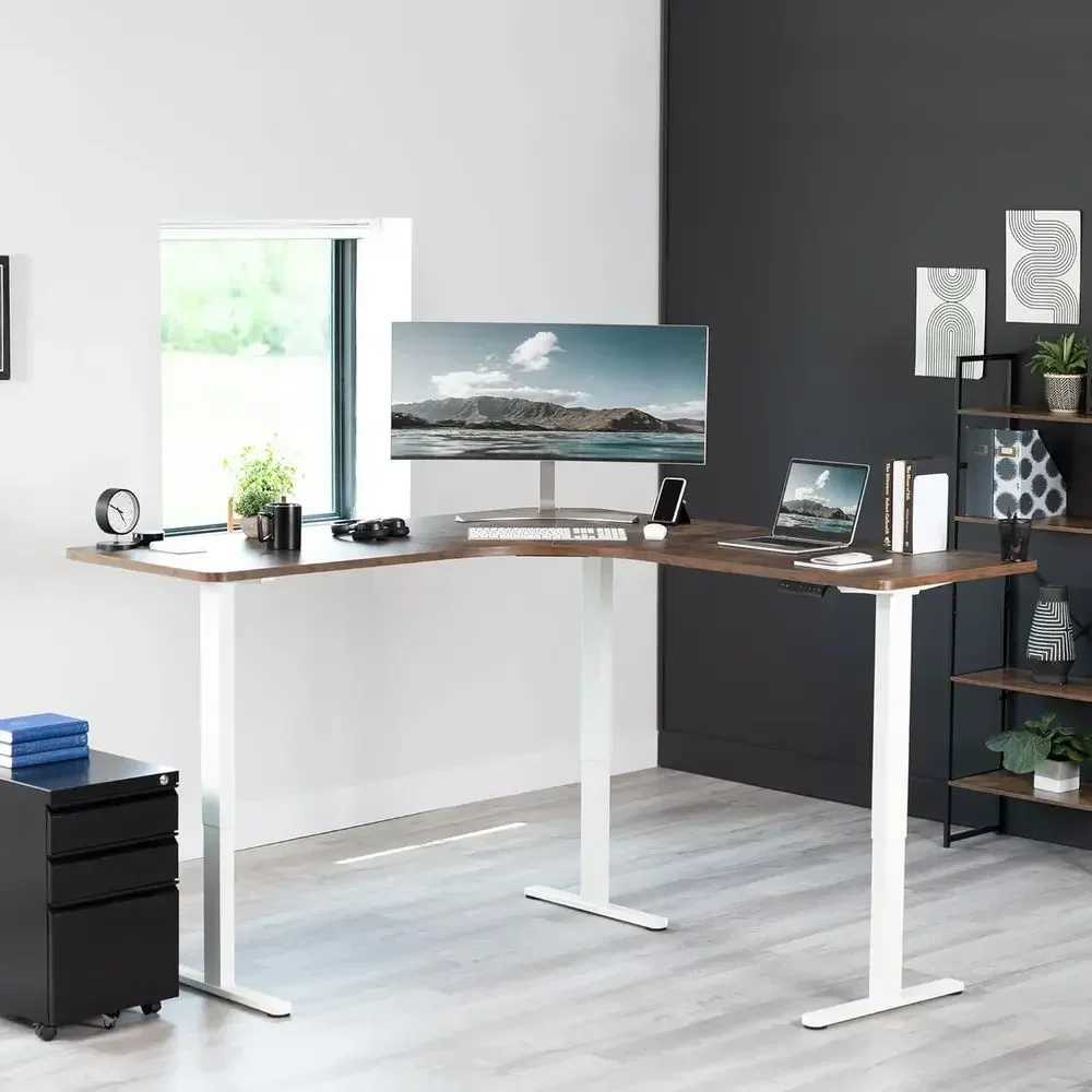 Ergonomic Sit-Stand Desk with Push Button Height Adjustment, White, 3-Leg Design