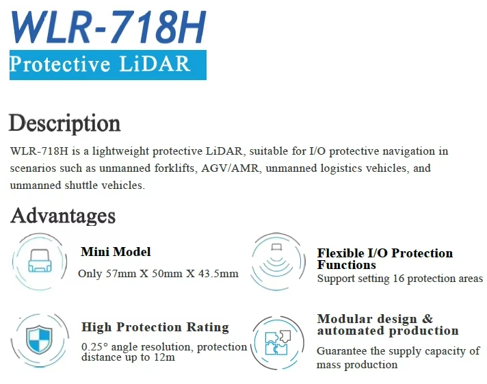 

12m 360° lightweight protective LiDAR ,I/O protective navigation for AGV/AMR, unmanned logistics vehicles VanJee WLR-718H