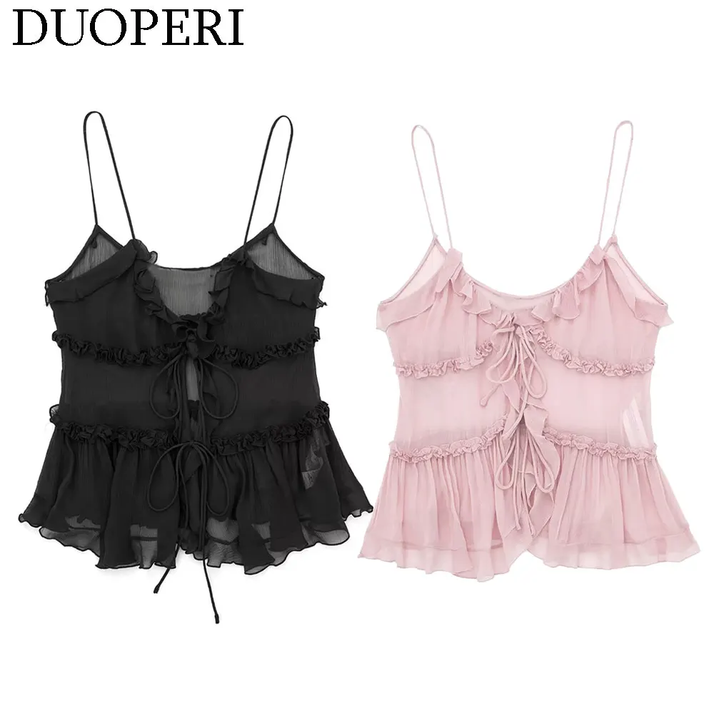 DUOPERI Women Fashion Plain Chiffon Ruffled SemiTransparent Camisole Thin Straps Female Chic Lady Casual Vintage Tops Tank