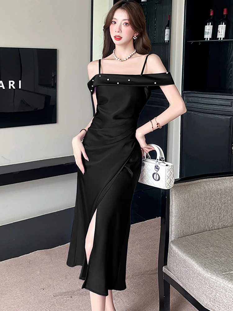 夏パープルサテンシックなビーズスリングロングドレス女性韓国ヴィンテージ高級ダンスパーティードレス 2025 エレガントなボディコンナイトドレス