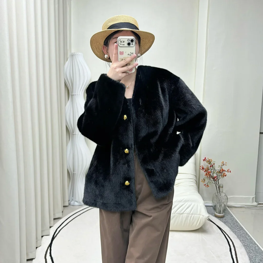 Big V-neck eco-friendly hair imitation mink fleece fur jacket for women