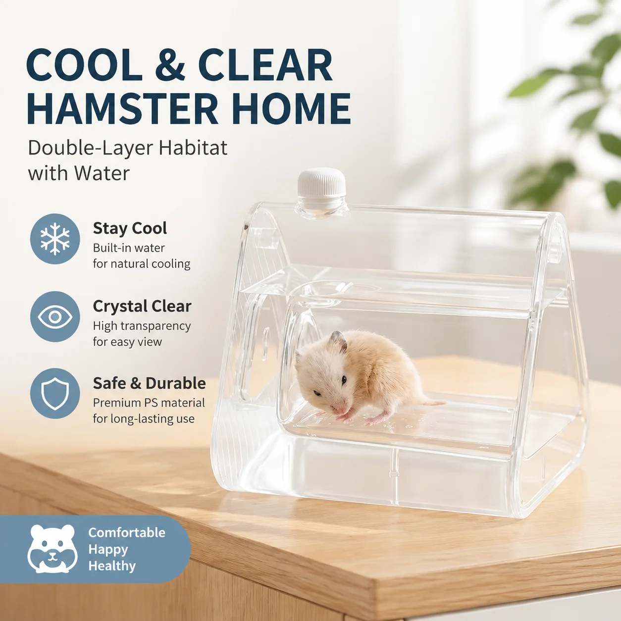 Transparent Hamster House Cooling Cube Cage, High Transparency Durable PS Material, Double-Layer Triangular Habitat with Water