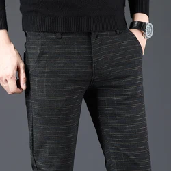 Autumn Winter Brushed Men's Slim Trousers Imitation Cotton Linen Elastic Small Straight Plaid Business Casual Black Trousers