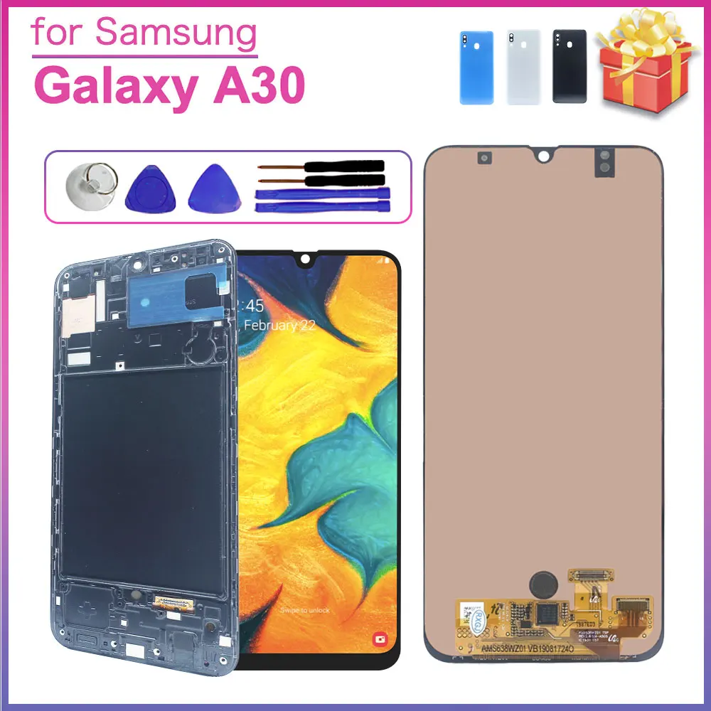 Pantalla LCD Multimaterial para Samsung Galaxy A30, Reemplazo de Digitalizador de Pantalla Táctil con Marco para Samsung Galaxy A30
