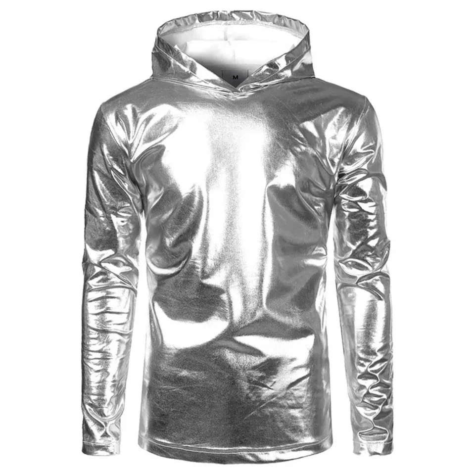 Mens Shiny Glossy Hoodie Disco Dance Stage Performance Costume Nightclub Hooded Sweatshirt For Carnival Festival Party Clubwear