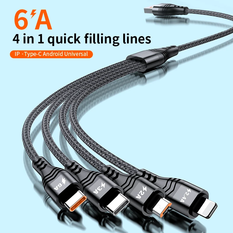 6A Fast Charging Cable 4in1 Quick Filling Line Apply To The Ip/Type-C/Micro 66W Data  Dont Harm The Phone