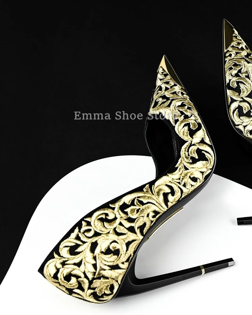 2024 römische Stickerei spitze Zehen Stiletto High Heel Damen Pumps Gold Designer vielseitige Abendschuhe Bankett Hochzeitsschuhe