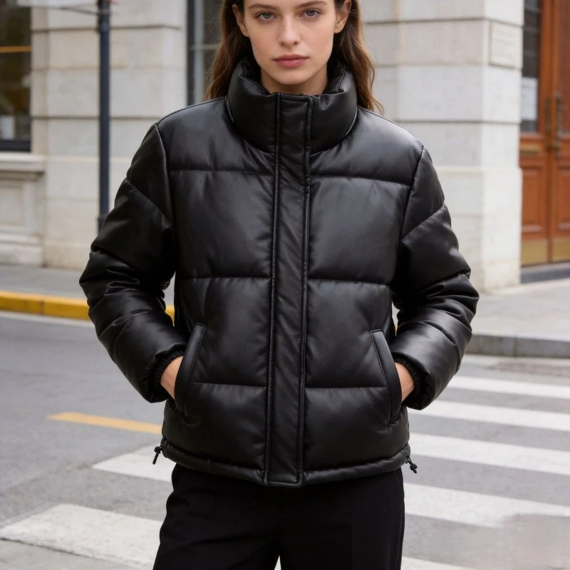 Cross-border Women's Clothing 2026 Winter New Fashion Leather Jacket Standing Collar Short Style Warm Bread Cotton Outerwear