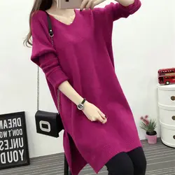 Autumn Winter Solid Color V-Neck Loose Lengthen Tops Fashion Women's Clothing Korean All-match Long Sleeve Split Knitted T-shirt