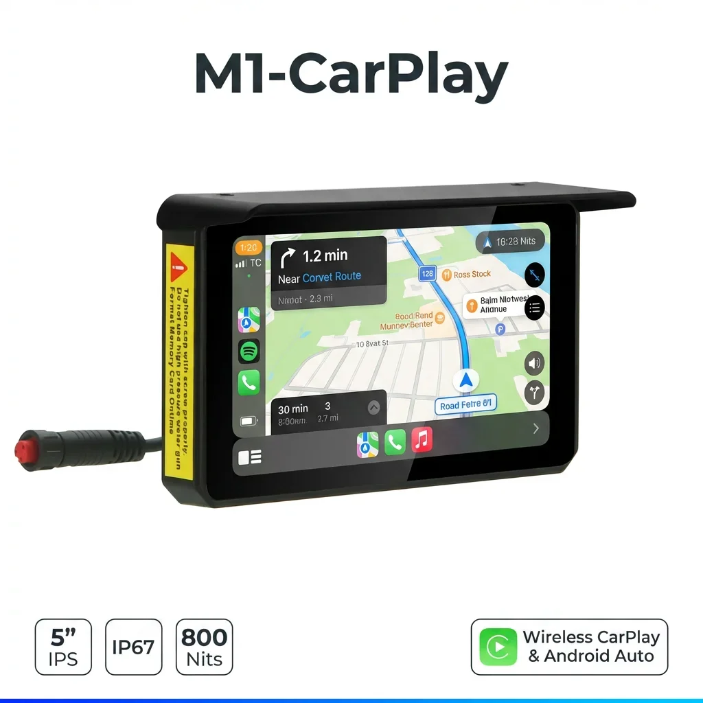 New Upgrade 5 Inch Dual Lens Touchscreen Motorcycle Dash Cam with Carplay GPS Navigation WIFI 1 Year Warranty Model M1