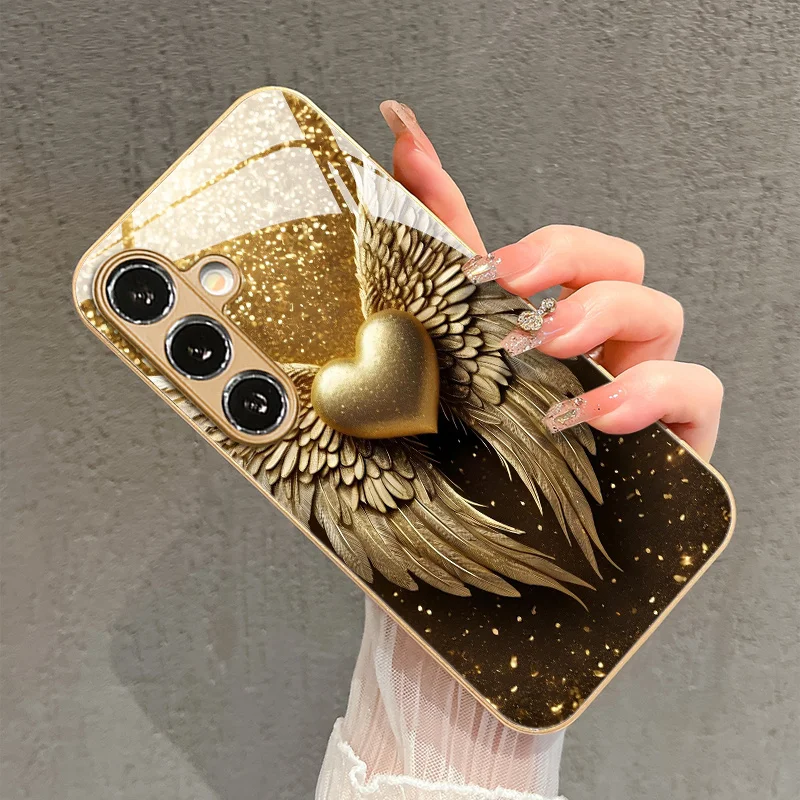 Double wing golden heart-shaped pattern glass phone case suitable for Samsung Galaxy S26 S25 S24 S22 S21 S20 FE/Ultra/Plus