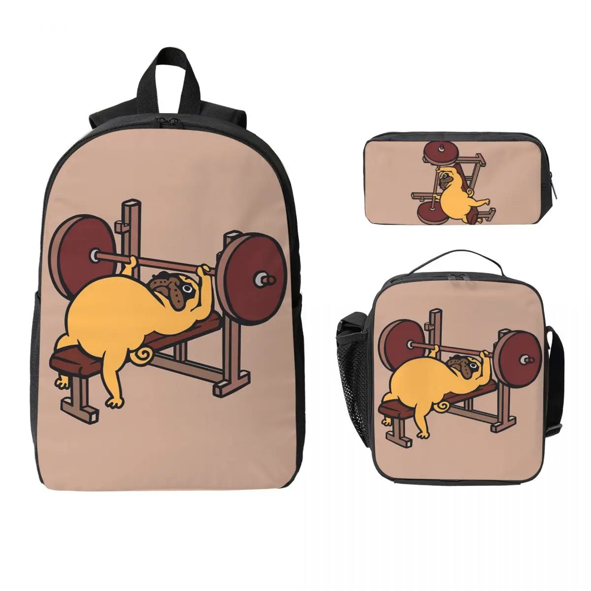 

Pug Bench Press Backpack Student Boys Girls BookBag School Bag Computer Shoulder Bags 3ps Insulated Lunch Bag Pencil Case