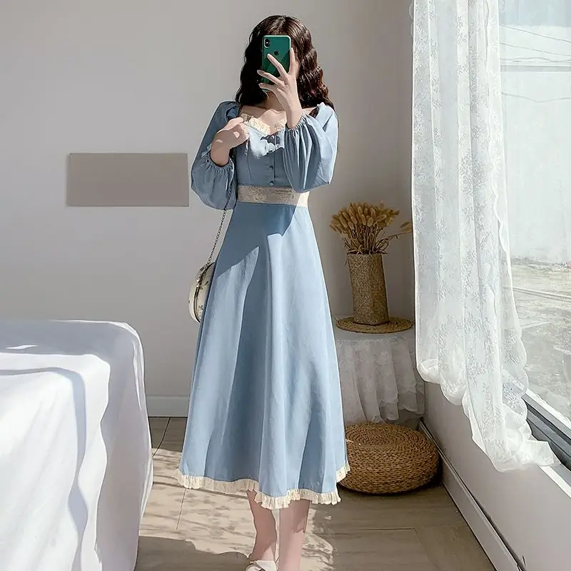 

2024 Autumn New French Style Retro Square Neck Dress for Women Autumn and Winter Fashionable Sweet Slim Fit Blue Dress for Women