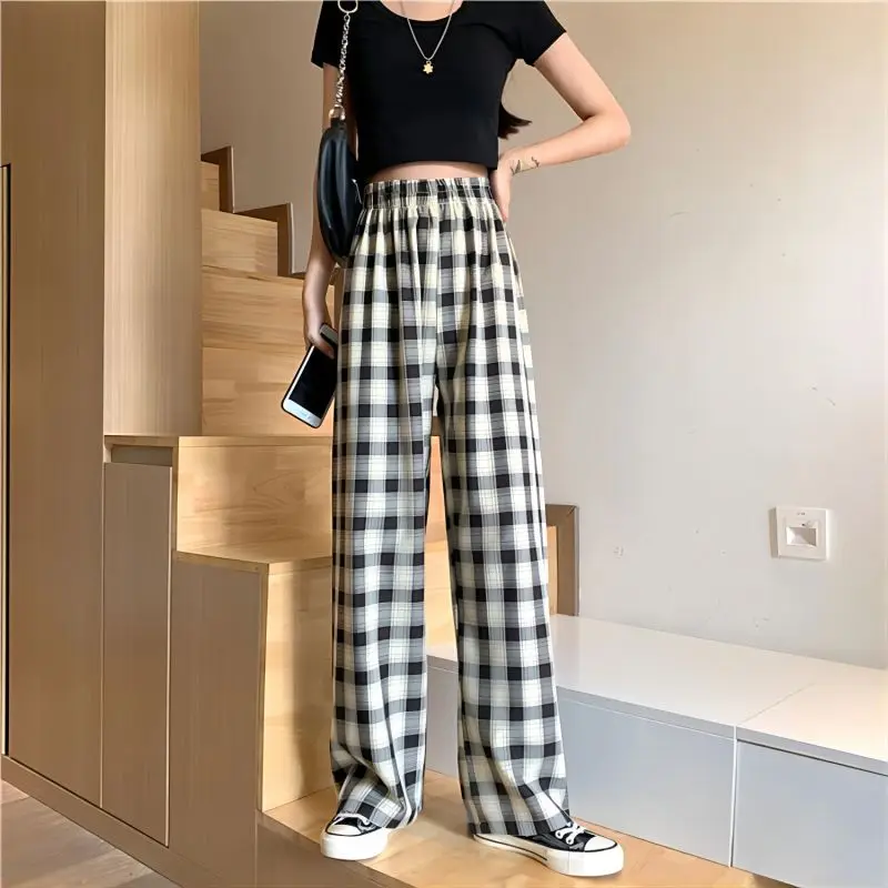 Black Women Plaid Pants Casual Oversize Loose Wide Leg Trouser Retro Teens Harajuku Hip-hop All-match Streetwear S - 3XL