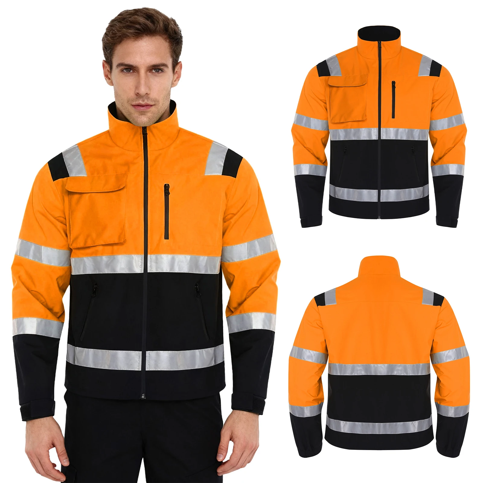الرجال وضوح عالية عاكس قطاع سترة مقاومة للماء ملابس خارجية عمال الوقوف طوق كم طويل سستة معطف مع جيوب