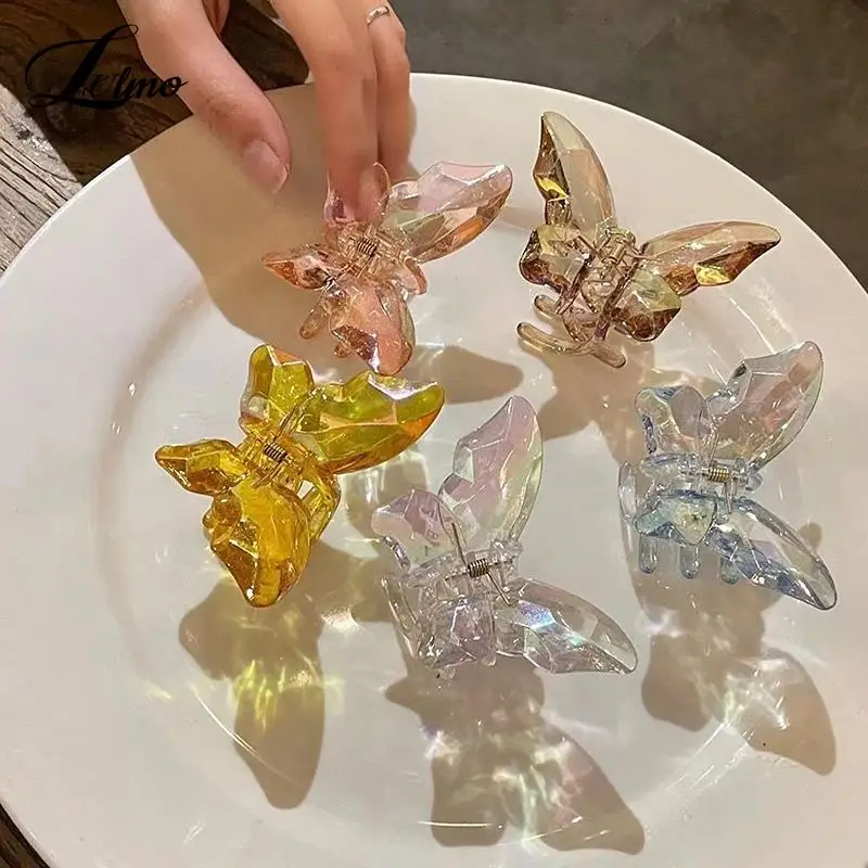 Sweet Colorful Clear Butterfly Hair Claw Women Girls Summer Acrylic Non-Slip Large Crystal Butterfly Hair Jaw Clip For Thin Hair