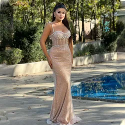 Champange Stunning Beaded Sequined Spaghetti Straps Sheath/Mermaid Evening Dresses Custom Made 2024 Party Grown Prom