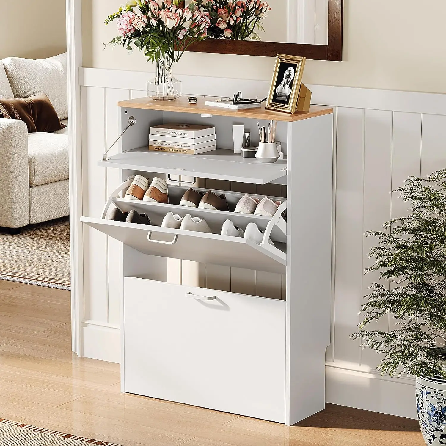 

Ультратонкая тумба для обуви в прихожую с 2 откидными и 1 выдвижным ящиками, 24,8 дюйма в ширину, узкая тумба для обуви для входной зоны, на заказ