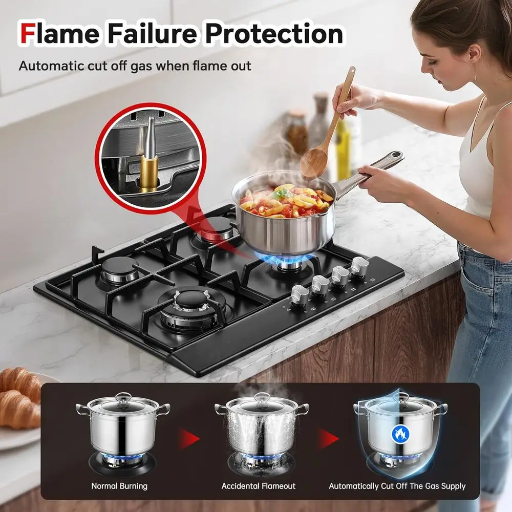 Fogão a Gás de 24 Polegadas com 4 Queimadores, Esmalte Preto, Conversão NG/G e Proteção Térmica