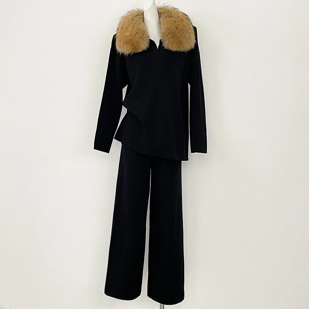 Reality Knitwear Knitted Set Female Real Fox Fur Collar Sweater Knitted Suit Woman Clothes Real Fur Pullover New Spring Autumn
